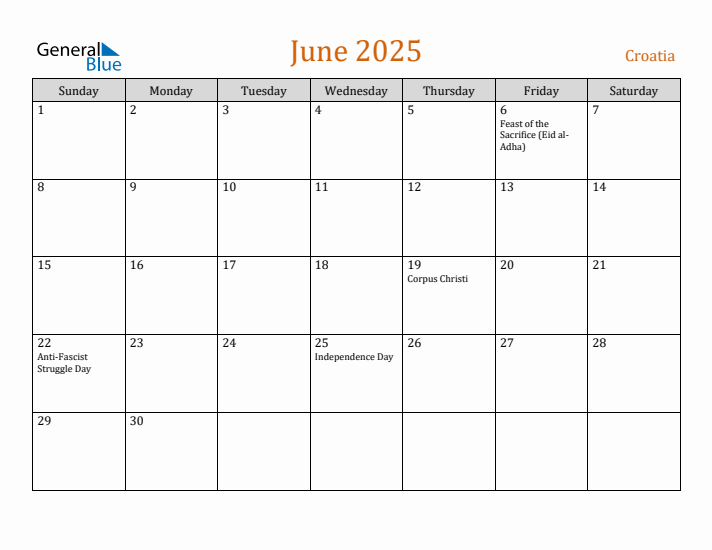 June 2025 Holiday Calendar with Sunday Start