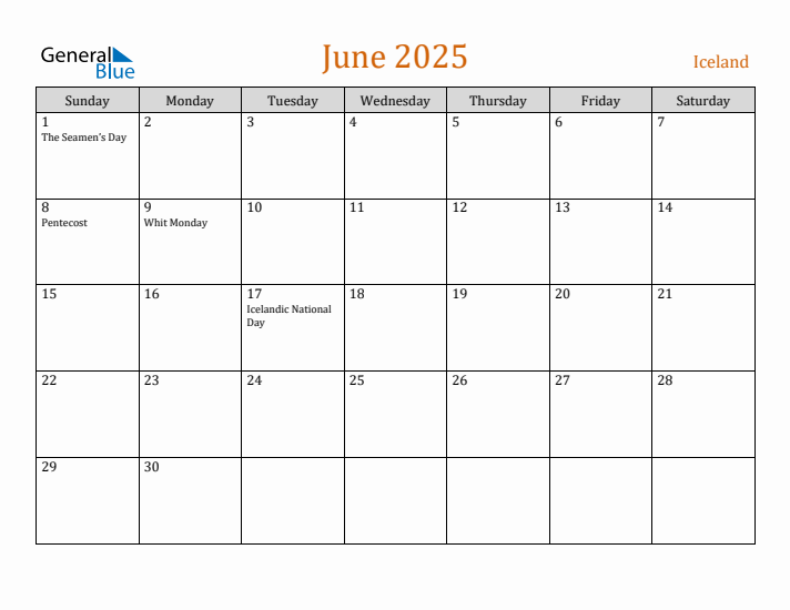 June 2025 Holiday Calendar with Sunday Start