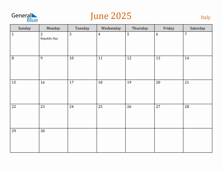 June 2025 Holiday Calendar with Sunday Start