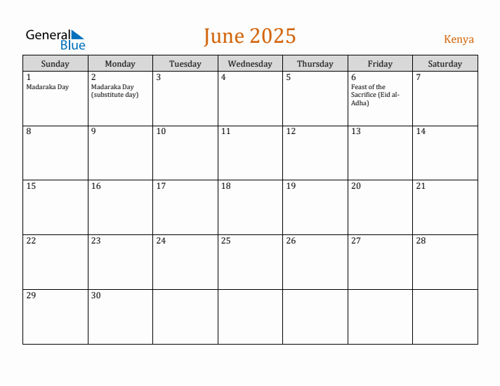 June 2025 Holiday Calendar with Sunday Start