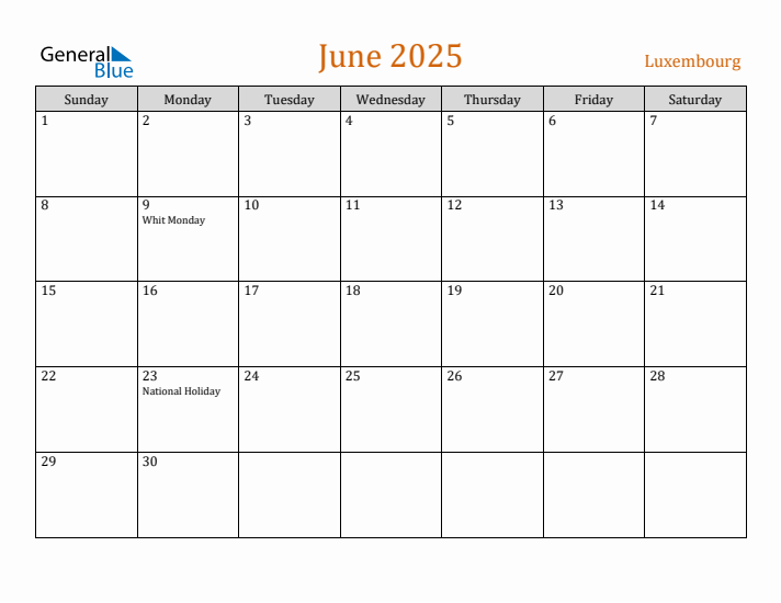 June 2025 Holiday Calendar with Sunday Start