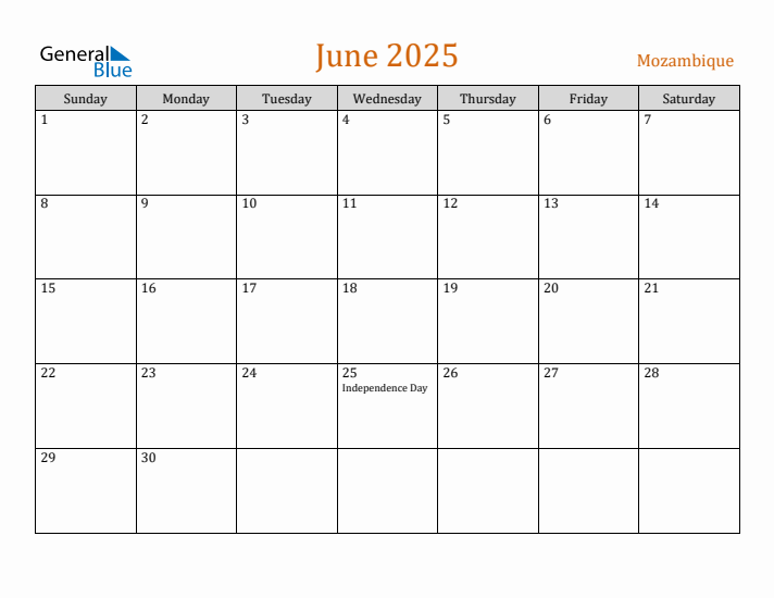 June 2025 Holiday Calendar with Sunday Start