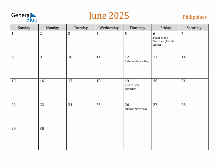 June 2025 Holiday Calendar with Sunday Start