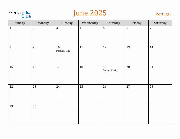 June 2025 Holiday Calendar with Sunday Start