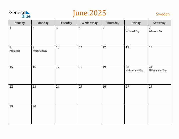 June 2025 Holiday Calendar with Sunday Start