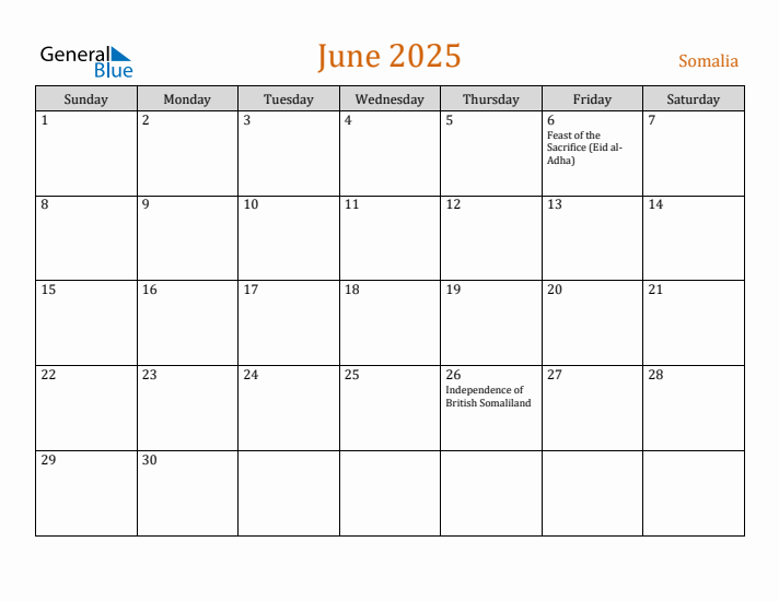 June 2025 Holiday Calendar with Sunday Start