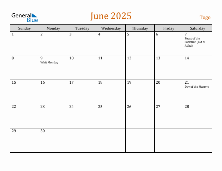 June 2025 Holiday Calendar with Sunday Start