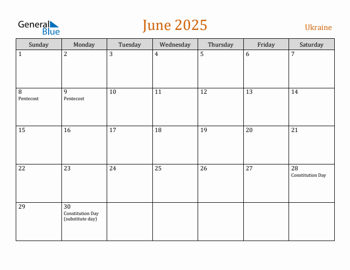 June 2025 Holiday Calendar with Sunday Start