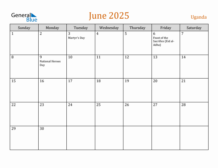 June 2025 Holiday Calendar with Sunday Start