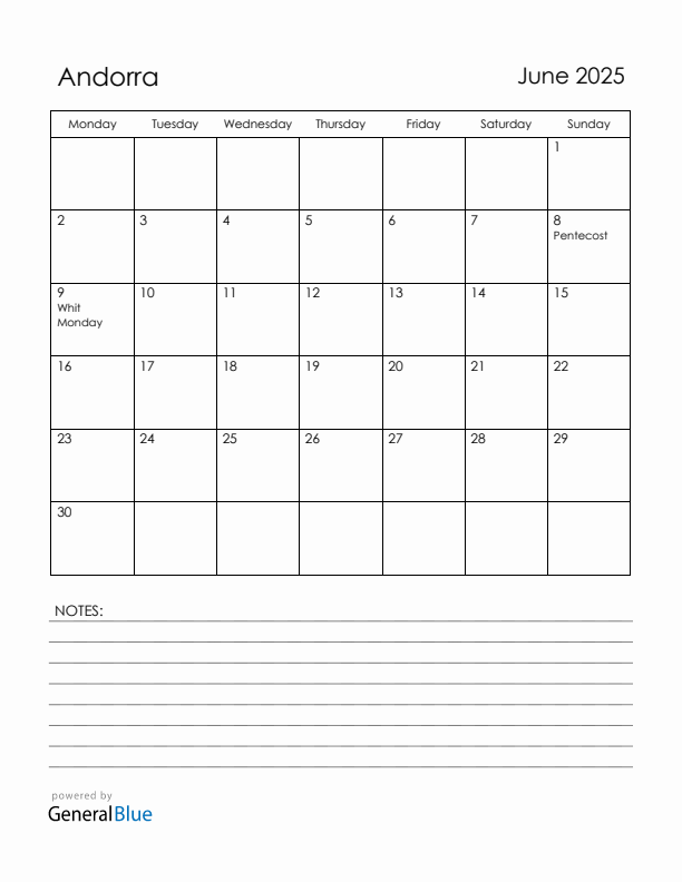 June 2025 Andorra Calendar with Holidays (Monday Start)