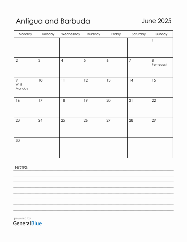 June 2025 Antigua and Barbuda Calendar with Holidays (Monday Start)