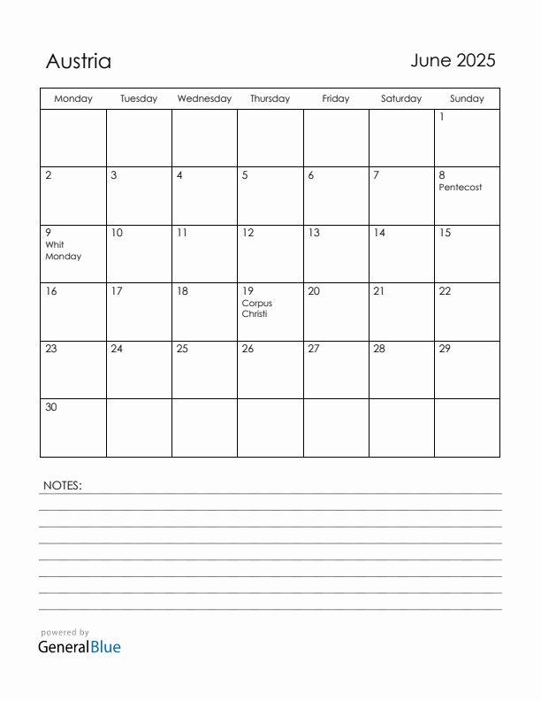 June 2025 Austria Calendar with Holidays (Monday Start)