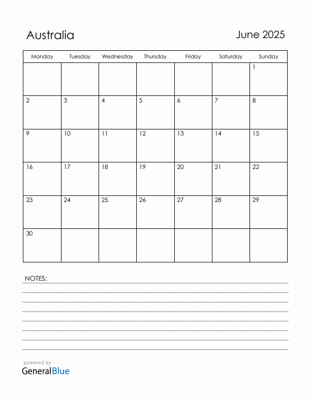 June 2025 Australia Calendar with Holidays (Monday Start)