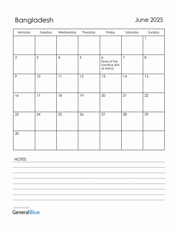 June 2025 Bangladesh Calendar with Holidays (Monday Start)