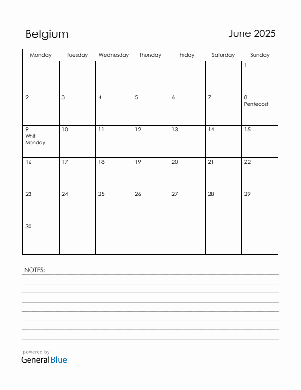 June 2025 Belgium Calendar with Holidays (Monday Start)