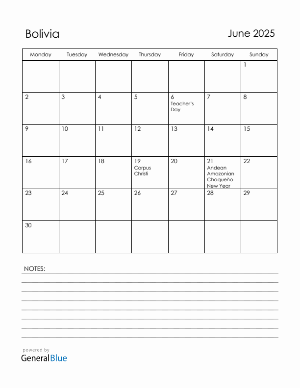 June 2025 Bolivia Calendar with Holidays (Monday Start)