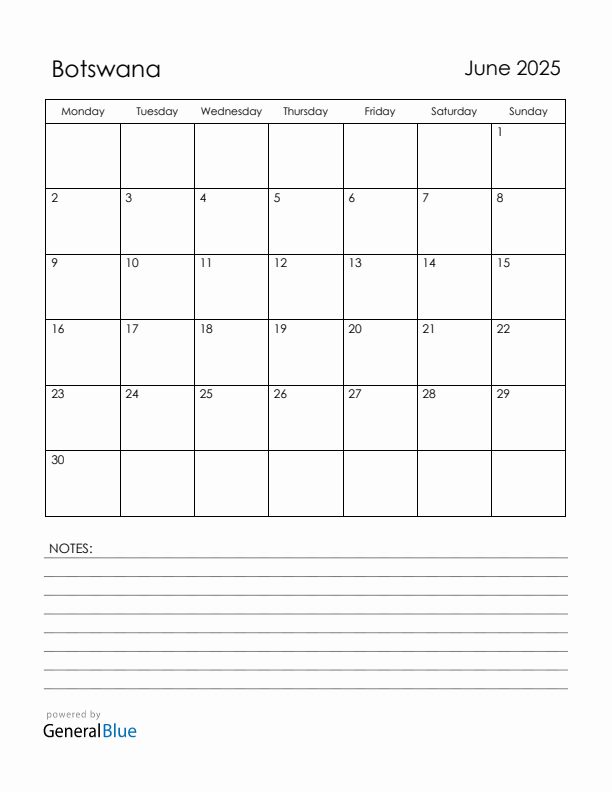 June 2025 Botswana Calendar with Holidays (Monday Start)