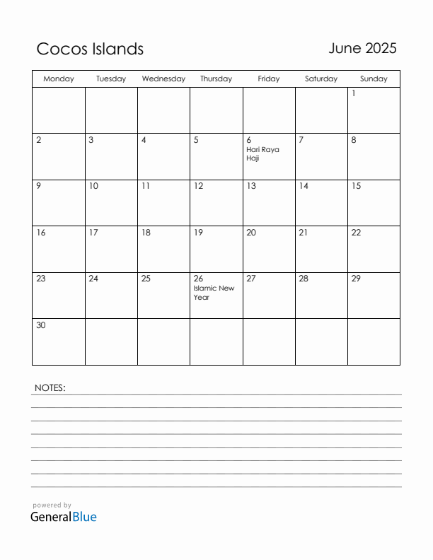 June 2025 Cocos Islands Calendar with Holidays (Monday Start)