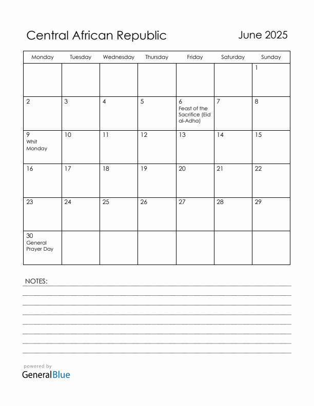 June 2025 Central African Republic Calendar with Holidays (Monday Start)