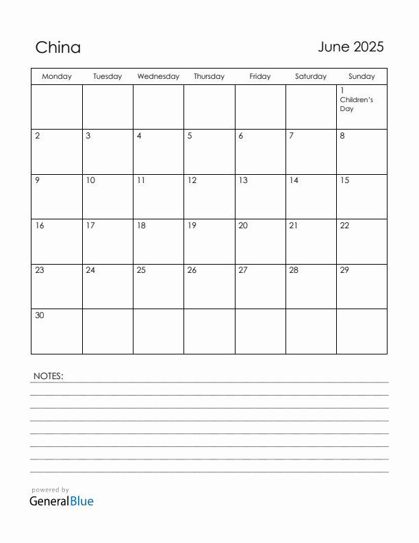 June 2025 China Calendar with Holidays (Monday Start)