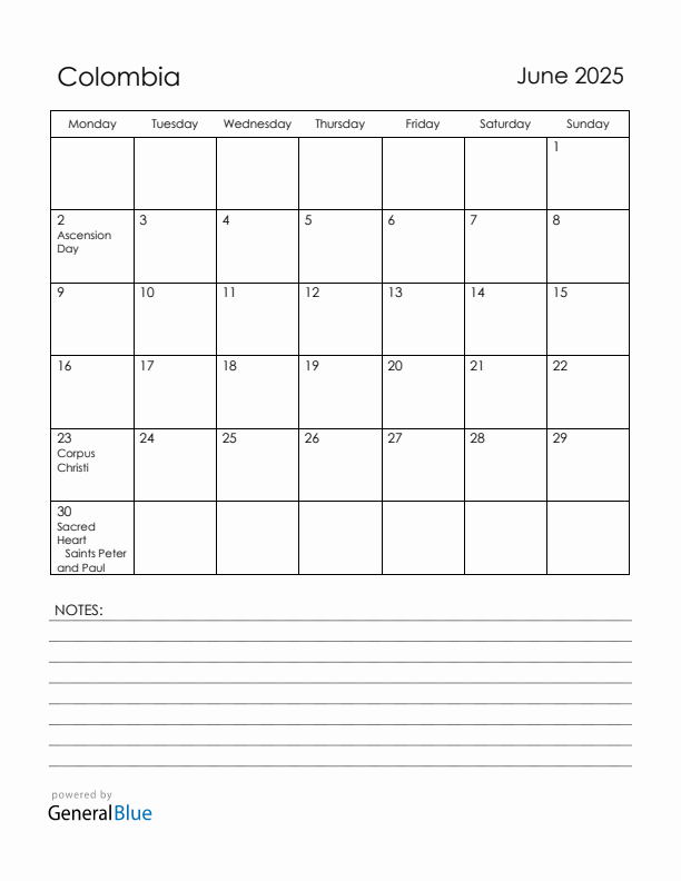 June 2025 Colombia Calendar with Holidays (Monday Start)