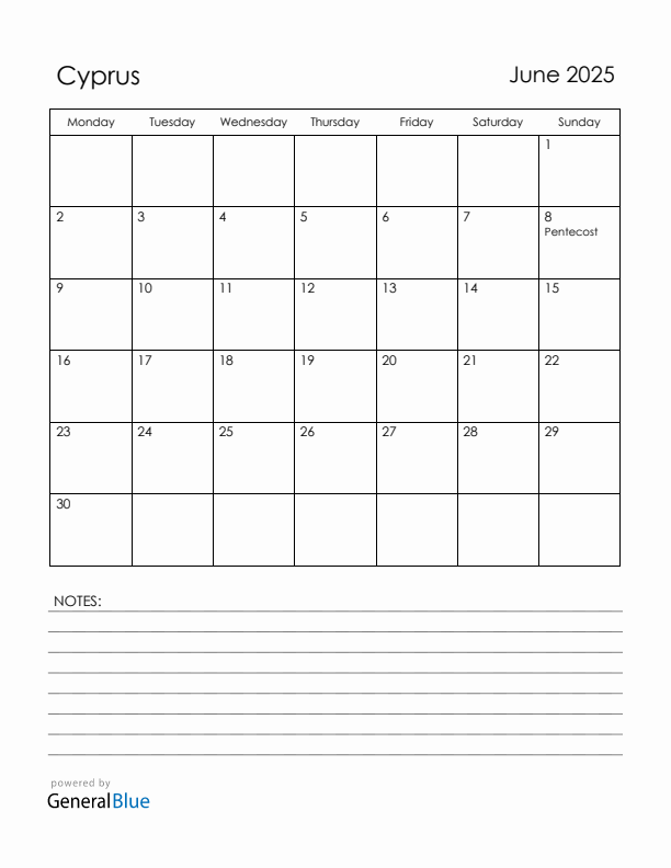 June 2025 Cyprus Calendar with Holidays (Monday Start)