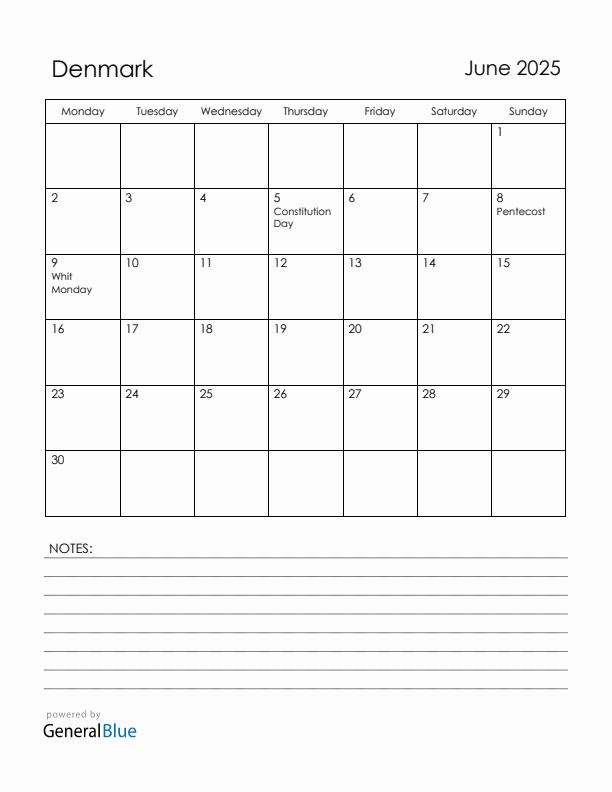 June 2025 Denmark Calendar with Holidays (Monday Start)