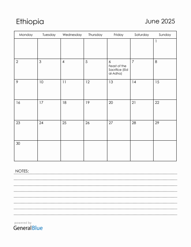 June 2025 Ethiopia Calendar with Holidays (Monday Start)