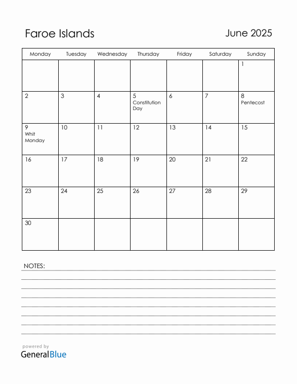 June 2025 Faroe Islands Calendar with Holidays (Monday Start)