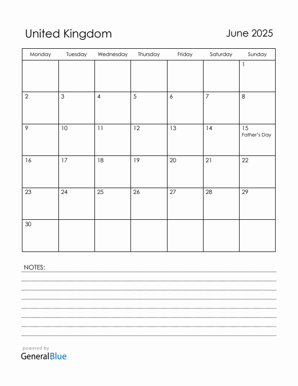 June 2025 United Kingdom Calendar with Holidays (Monday Start)