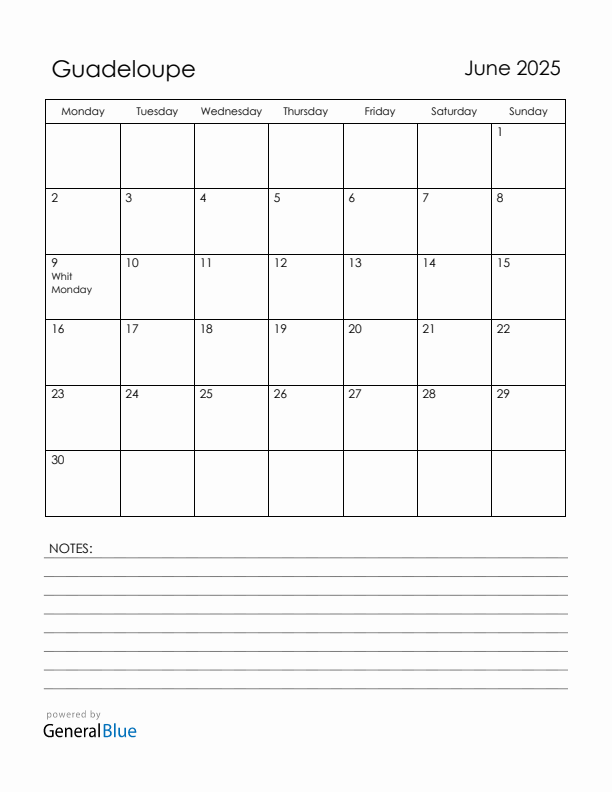 June 2025 Guadeloupe Calendar with Holidays (Monday Start)