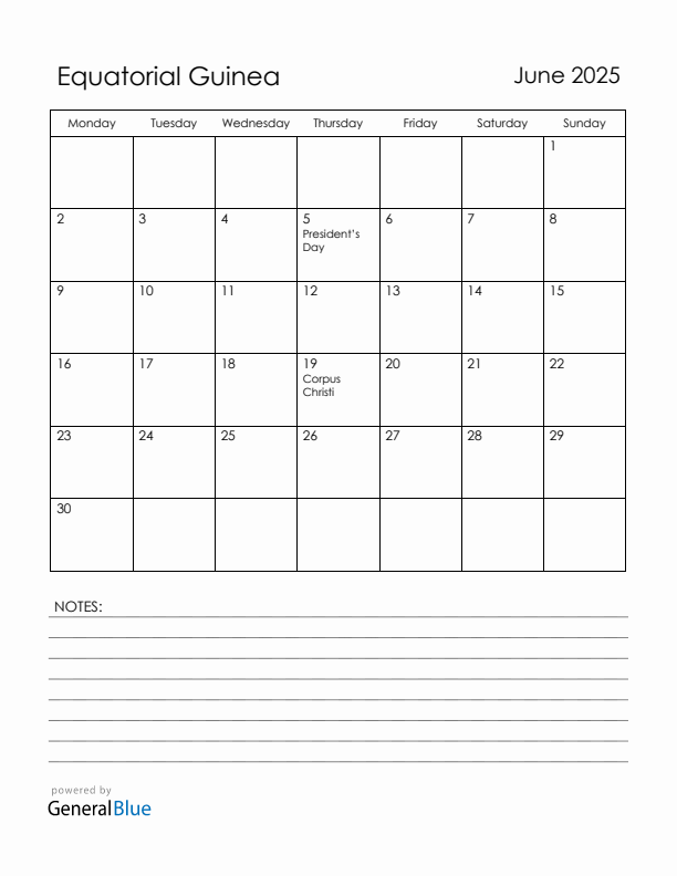 June 2025 Equatorial Guinea Calendar with Holidays (Monday Start)