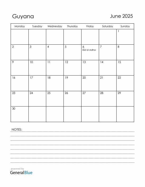 June 2025 Guyana Calendar with Holidays (Monday Start)