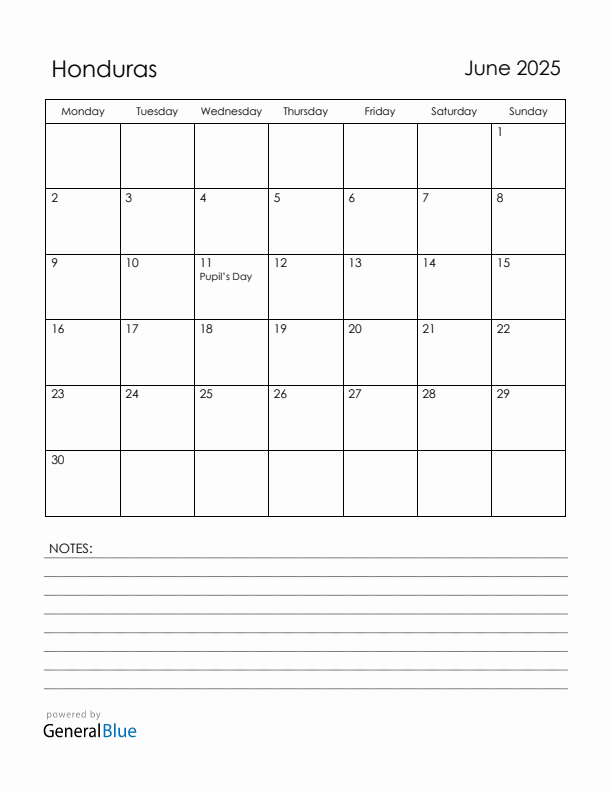 June 2025 Honduras Calendar with Holidays (Monday Start)