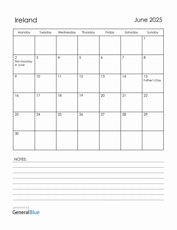 June 2025 Ireland Calendar with Holidays (Monday Start)