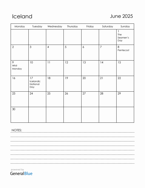 June 2025 Iceland Calendar with Holidays (Monday Start)