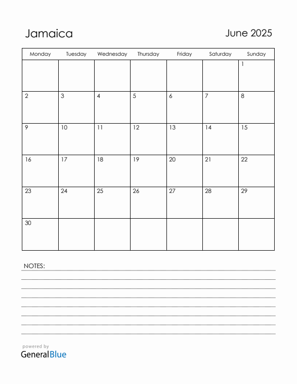 June 2025 Jamaica Calendar with Holidays (Monday Start)