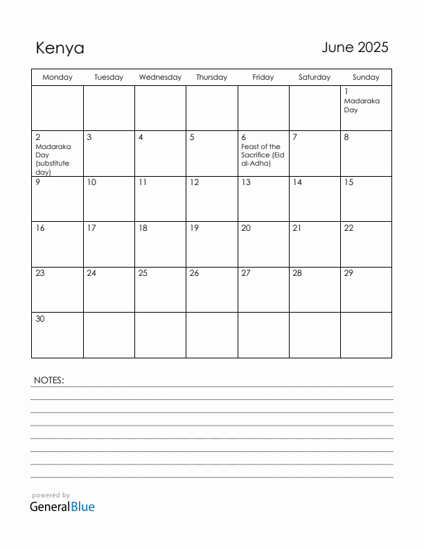 June 2025 Kenya Calendar with Holidays (Monday Start)