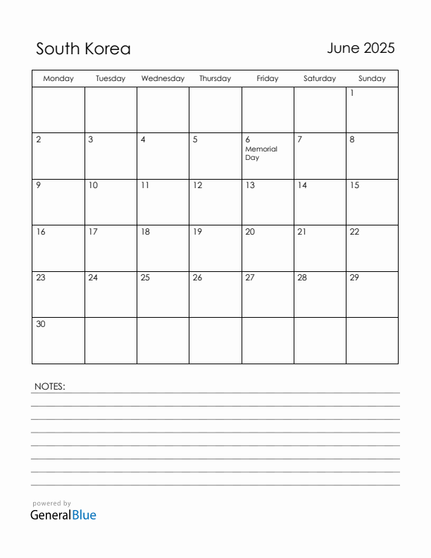 June 2025 South Korea Calendar with Holidays (Monday Start)