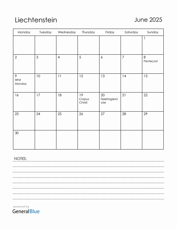 June 2025 Liechtenstein Calendar with Holidays (Monday Start)