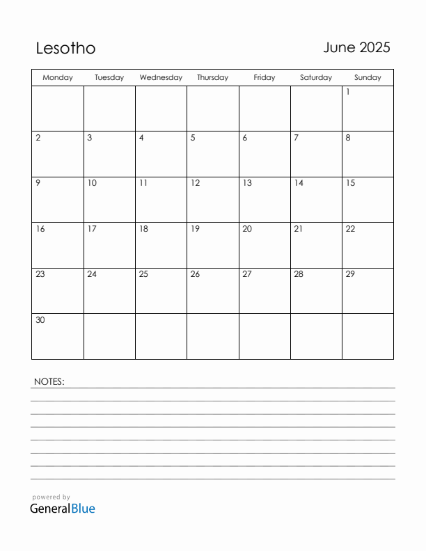 June 2025 Lesotho Calendar with Holidays (Monday Start)