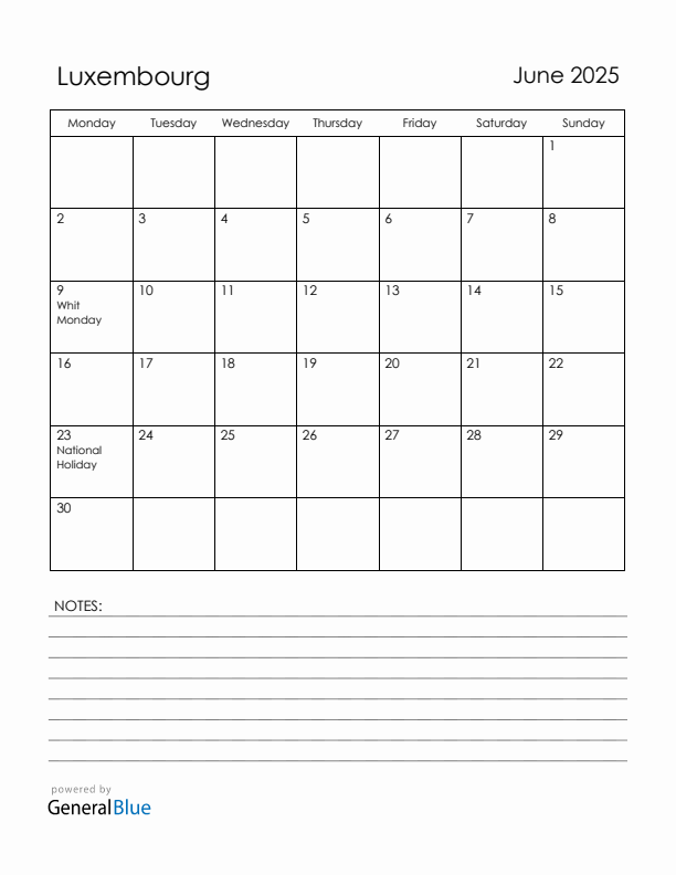 June 2025 Luxembourg Calendar with Holidays (Monday Start)