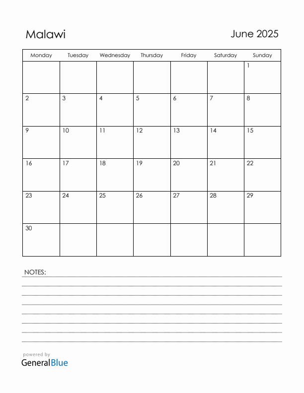 June 2025 Malawi Calendar with Holidays (Monday Start)