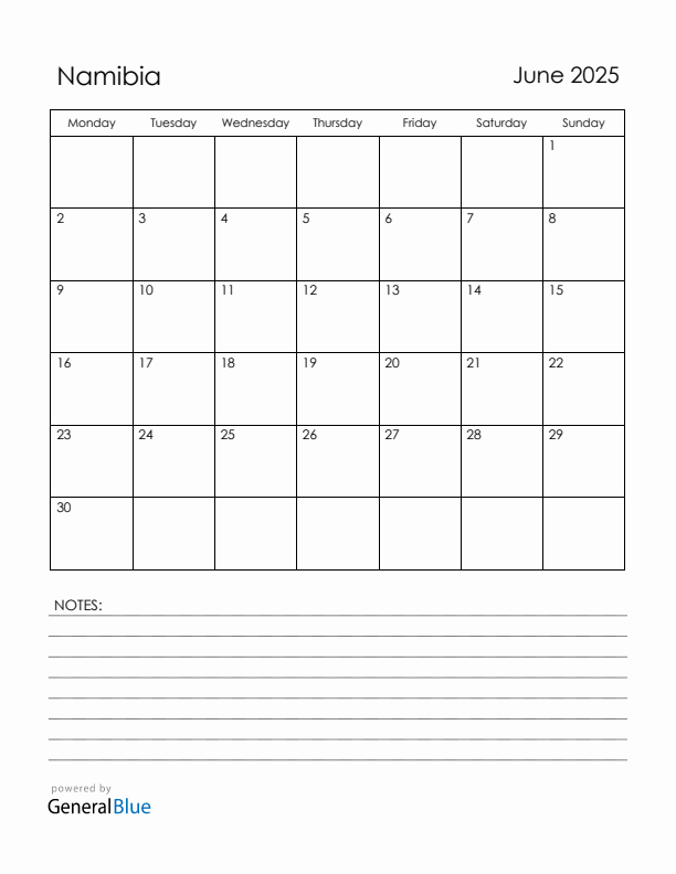 June 2025 Namibia Calendar with Holidays (Monday Start)