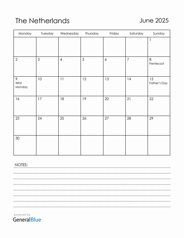 June 2025 The Netherlands Calendar with Holidays (Monday Start)