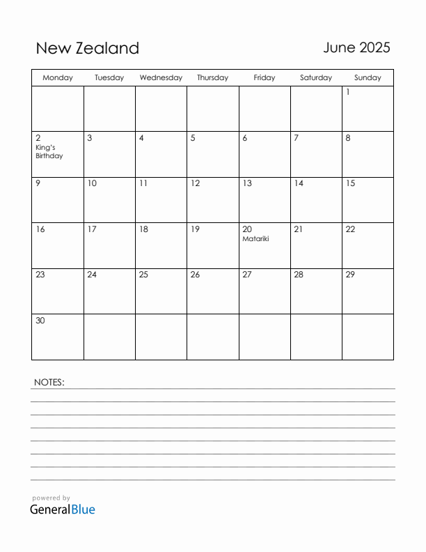 June 2025 New Zealand Calendar with Holidays (Monday Start)