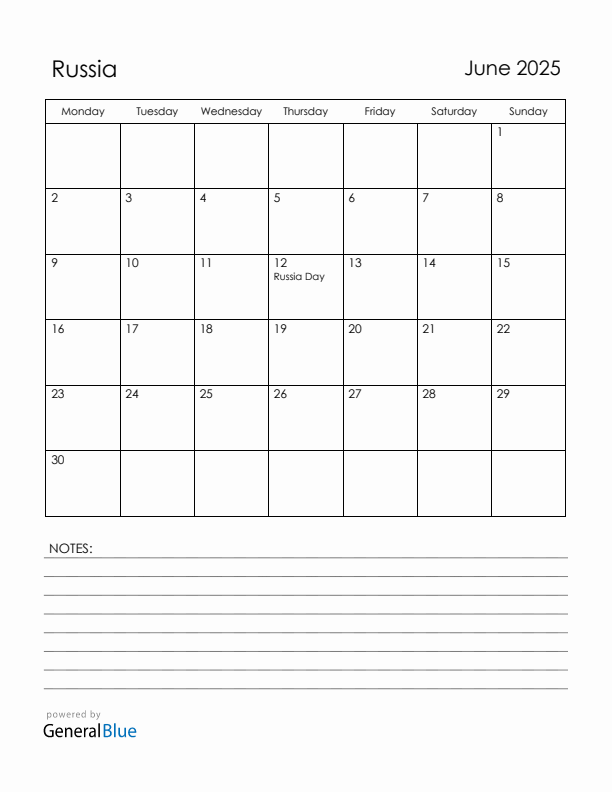 June 2025 Russia Calendar with Holidays (Monday Start)