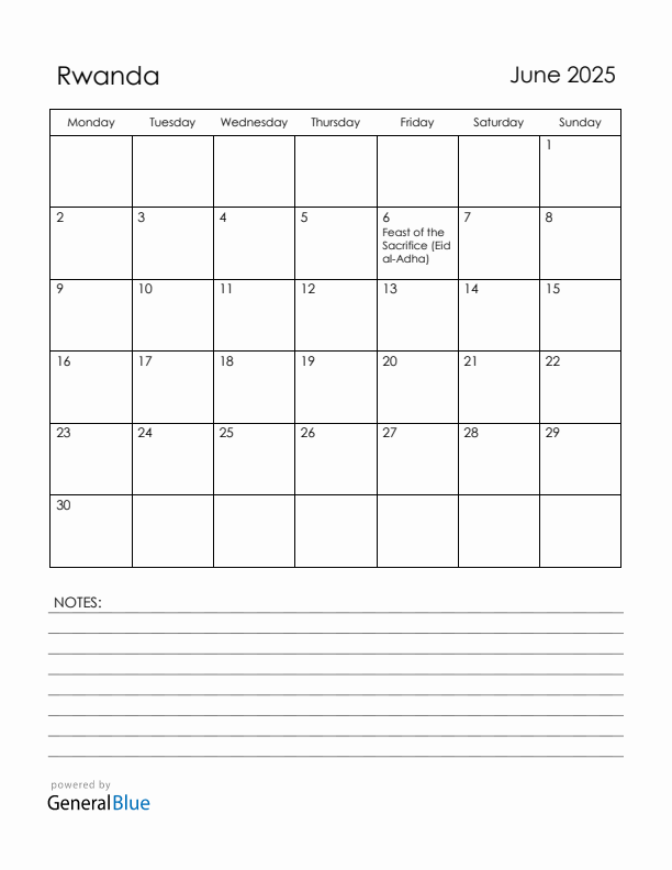 June 2025 Rwanda Calendar with Holidays (Monday Start)