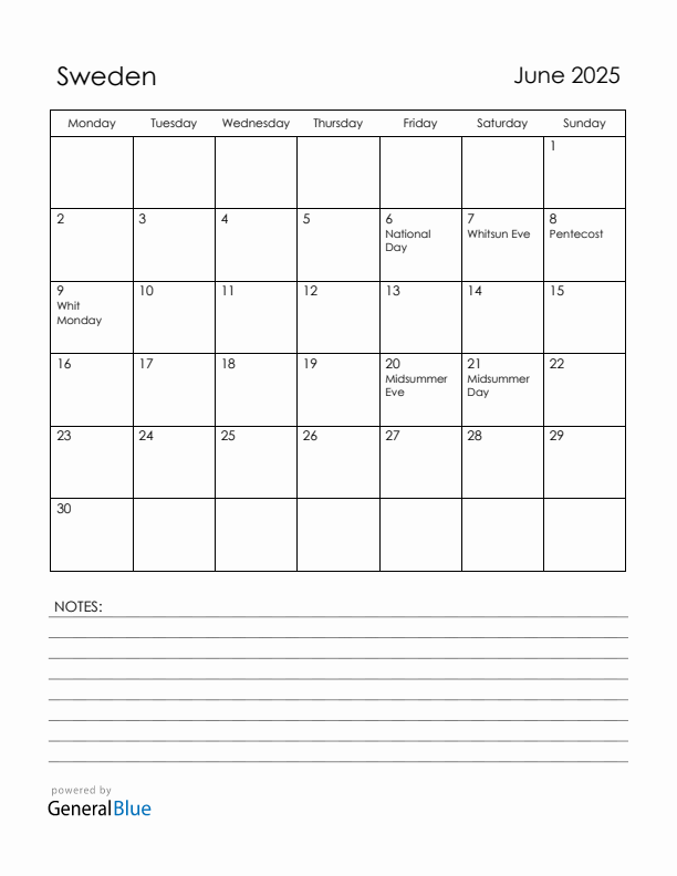 June 2025 Sweden Calendar with Holidays (Monday Start)