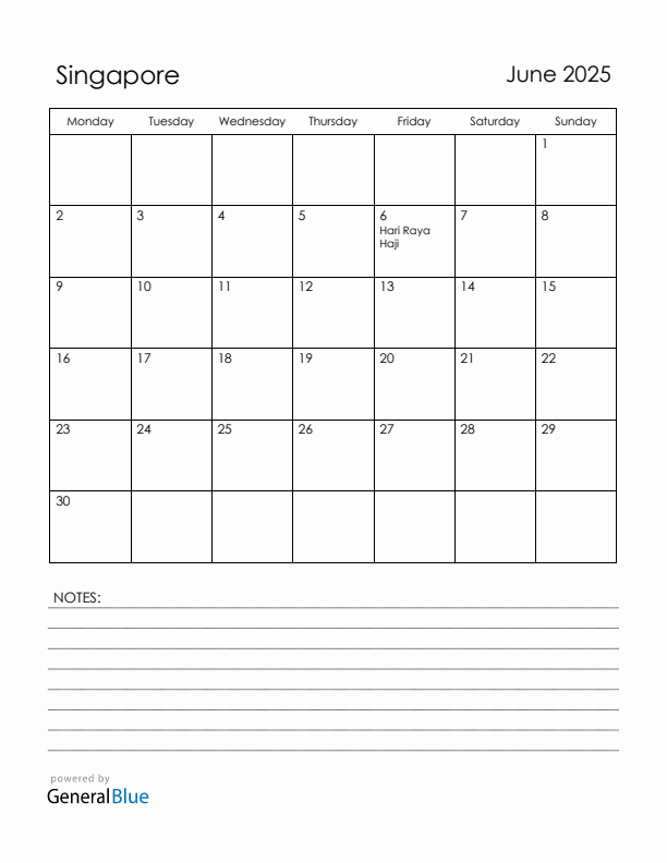 June 2025 Singapore Calendar with Holidays (Monday Start)